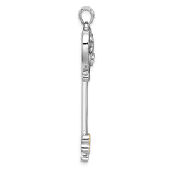 Sterling Silver RH-pl w/14k Accent Polished CZ Fancy Heart Key Pendant