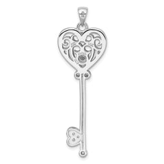 Sterling Silver RH-pl w/14k Accent Polished CZ Fancy Heart Key Pendant