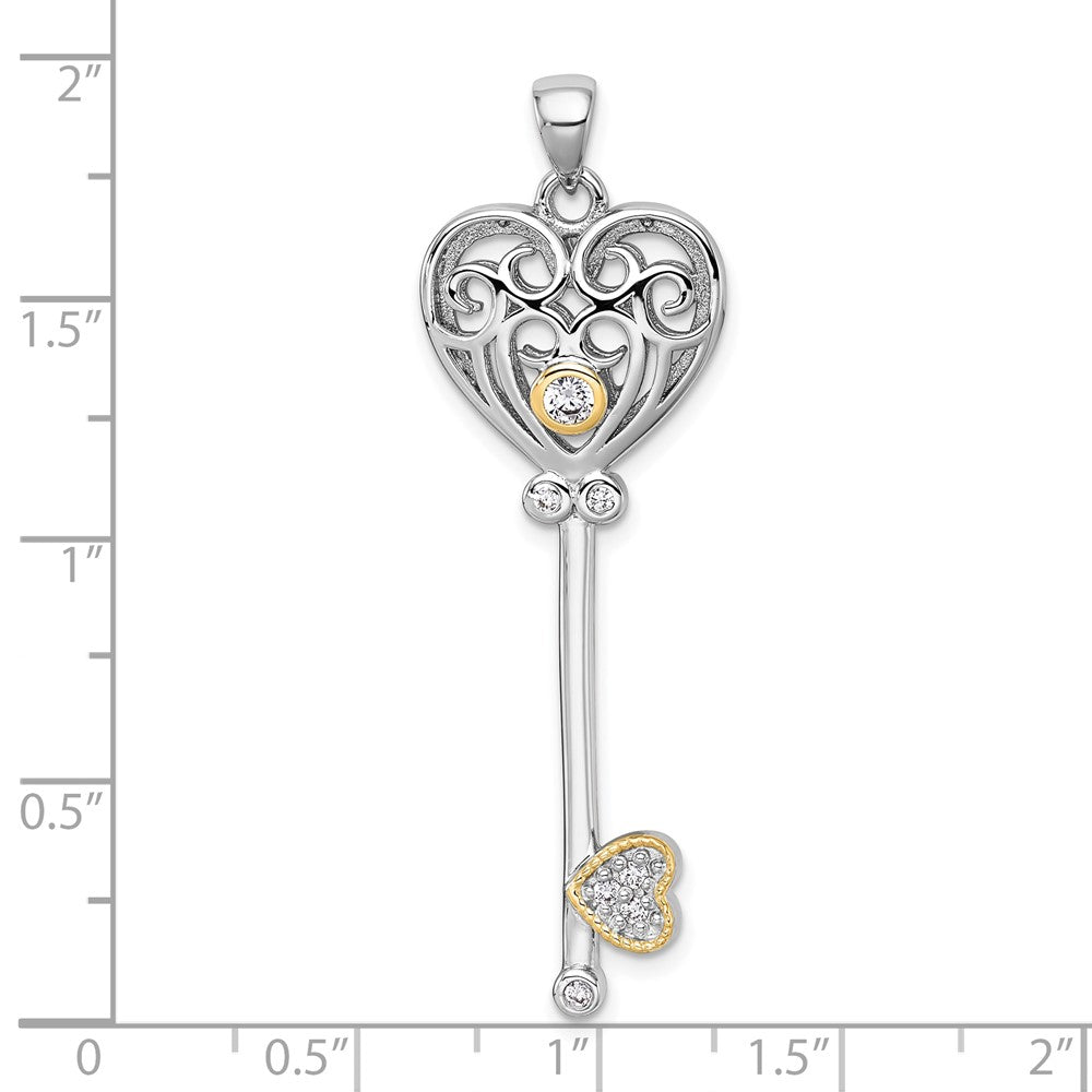 Sterling Silver RH-pl w/14k Accent Polished CZ Fancy Heart Key Pendant