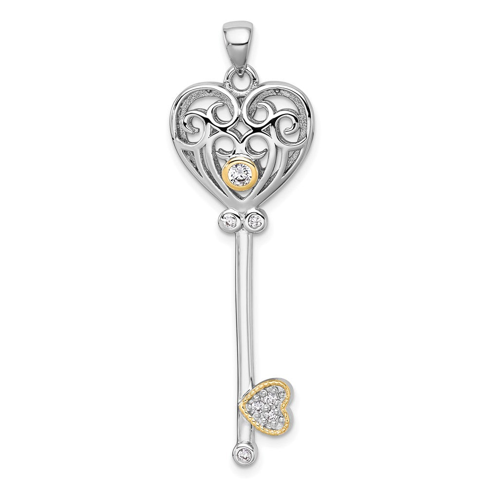 Sterling Silver RH-pl w/14k Accent Polished CZ Fancy Heart Key Pendant