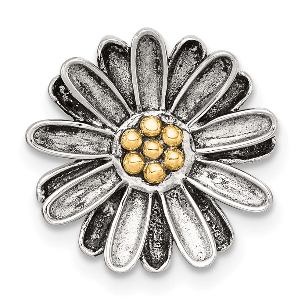 Sterling Silver with 14k Center Accent Antiqued Sun Flower Chain Slide Pendant