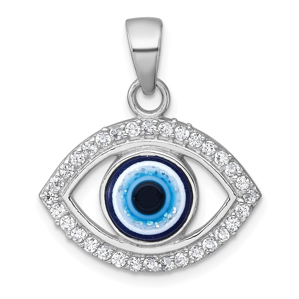 Sterling Silver Rhodium-plated Polished CZ and Glass Stone Evil Eye Pendant