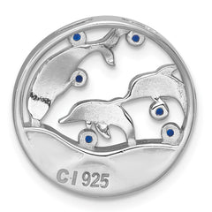 Sterling Silver Rhodium-plated Polished Larimar and Blue CZ Dolphins Chain Slide Pendant