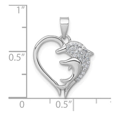 Sterling Silver Rhodium-plated Polished CZ Dolphins Heart Pendant
