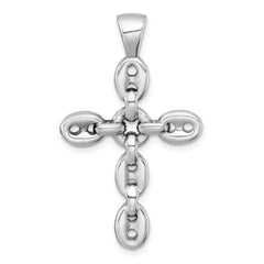 Sterling Silver Rhodium-plated Polished Puffed Mariner/Anchor Link Cross Pendant