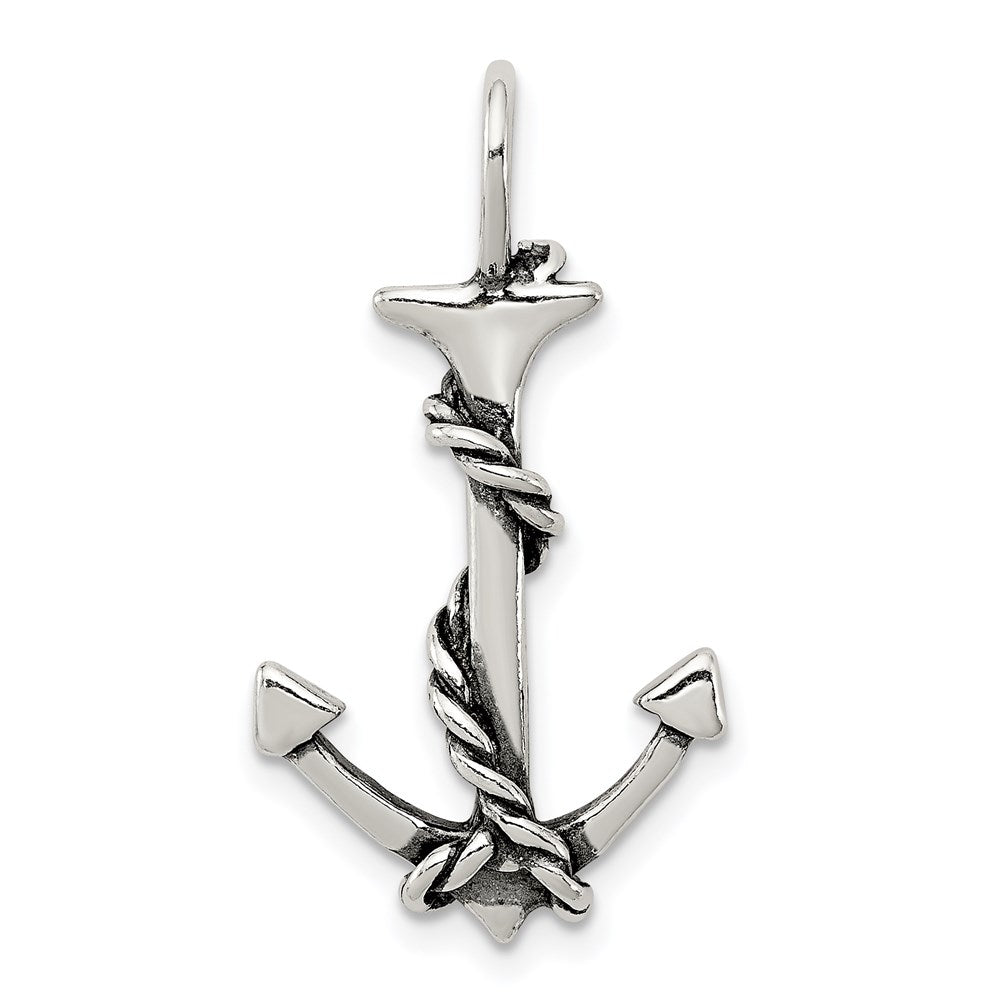 Sterling Silver 3D Antiqued Anchor and Rope Pendant - 2