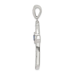 Sterling Silver Rhodium-plated Blue CZ Center & CZ Passion Cross Pendant