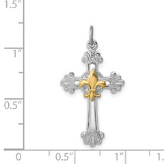 Sterling Silver Platinum-plated & Gold-plated Cross & Fleur de lis Pendant
