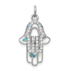Sterling Silver Rhodium-plated Enamel Hamsa w/CZ pendant