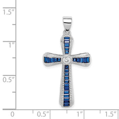 Sterling Silver Rhodium-plated CZ & Lab Cr. Blue Spinel Cross Pendant - 2
