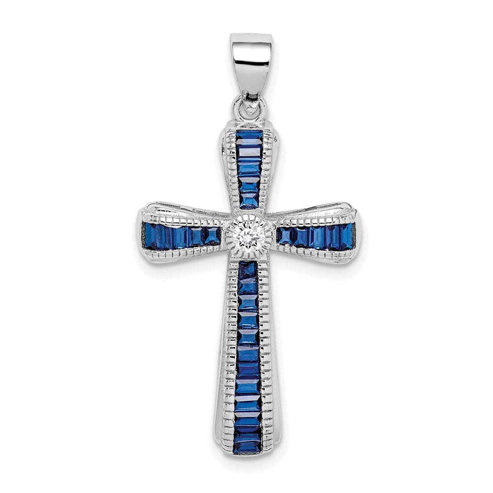 Sterling Silver Rhodium-plated CZ & Lab Cr. Blue Spinel Cross Pendant - 2