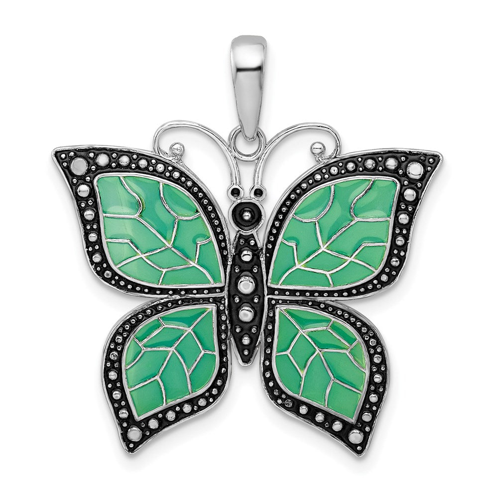 De-Ani Sterling Silver Rhodium-Plated Polished Enameled Aqua Butterfly Pendant - 2