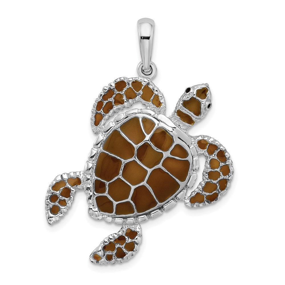 De-Ani Sterling Silver Rhodium-Plated Polished Enameled Brown Sea Turtle Pendant