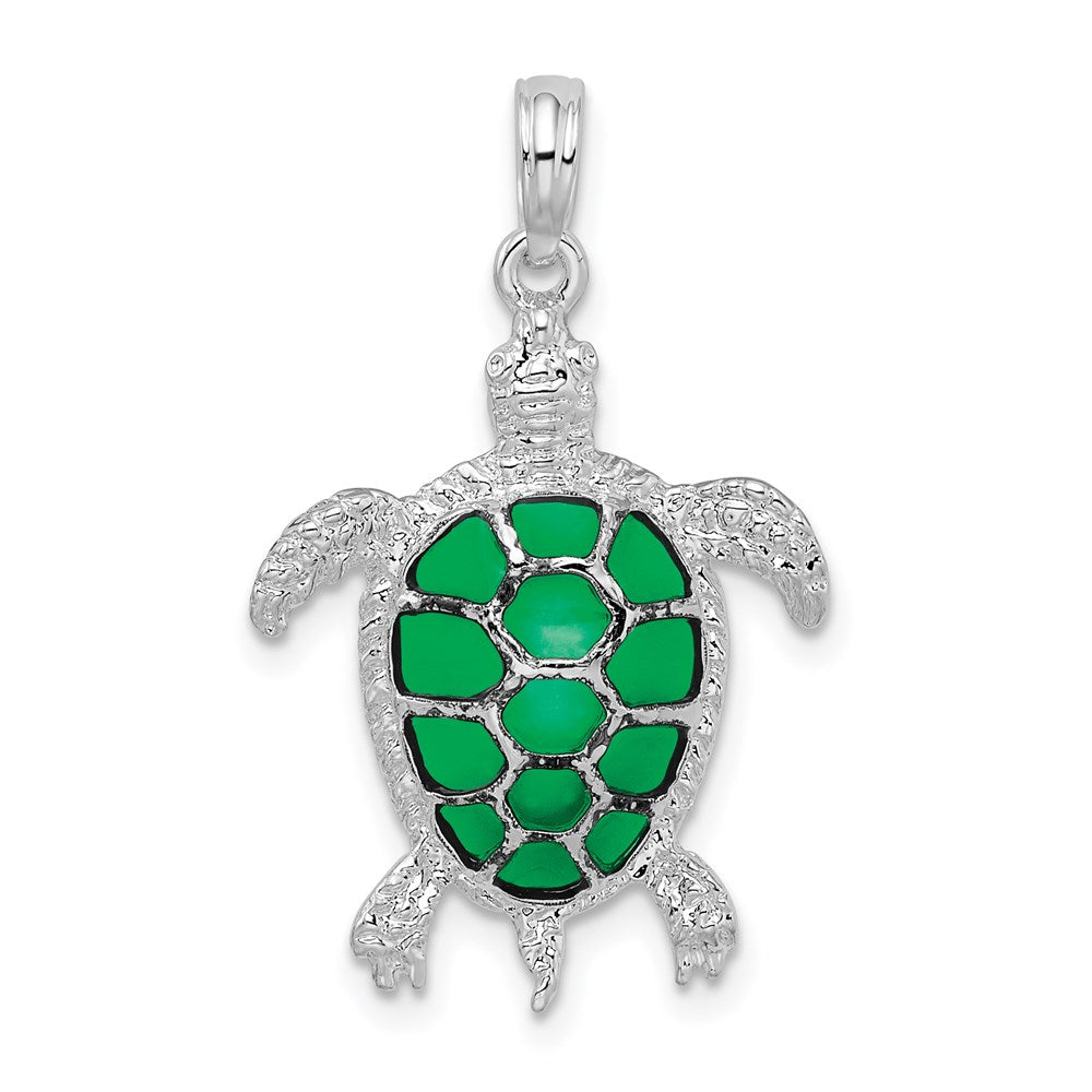 De-Ani Sterling Silver Rhodium-Plated Polished Enameled Green Sea Turtle Pendant - 2