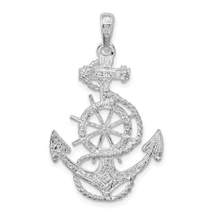 De-Ani Sterling Silver Rhodium-Plated Polished Anchor with Ships Wheel Pendant