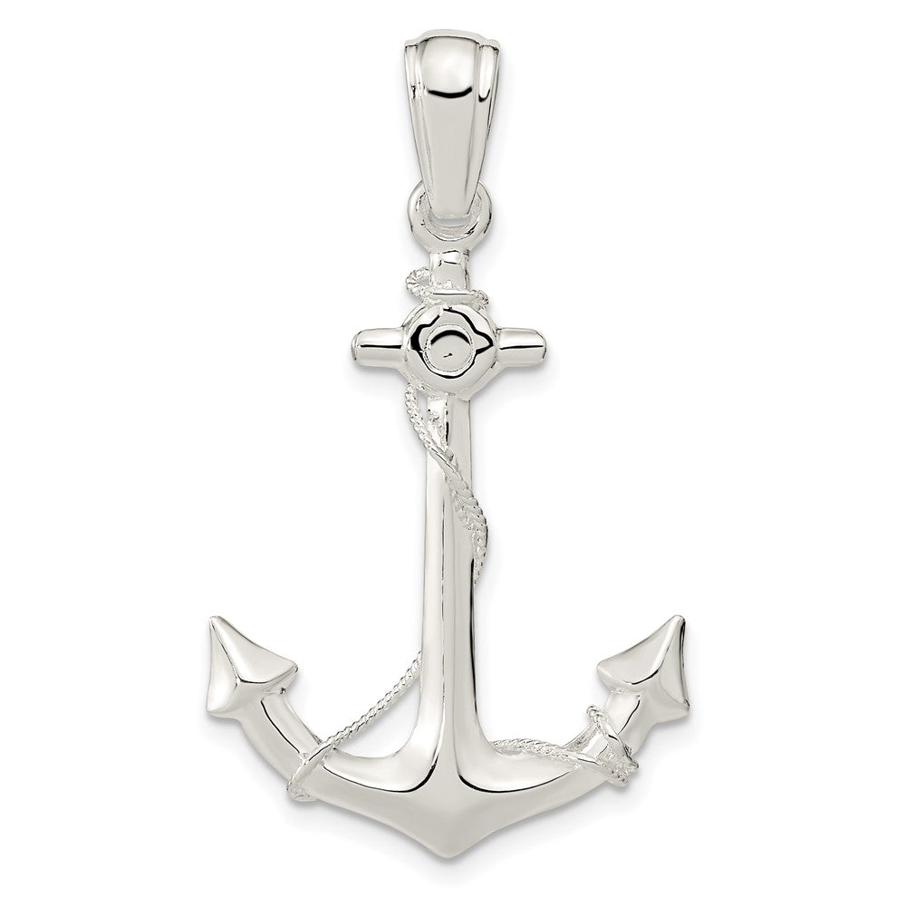 De-Ani Sterling Silver Rhodium-Plated Polished 3D Anchor with Rope Pendant - 6