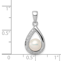 Sterling Silver Rhodium 6mm FW Cltrd Pearl & Diamond Teardrop Pendant