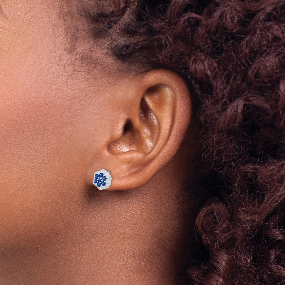 Sterling Silver Rhodium Sapphire & Diamond Post Earrings - 2