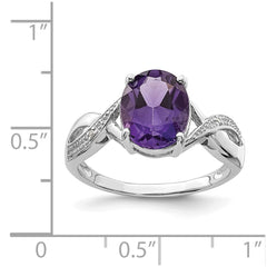Sterling Silver Rhodium Amethyst & Diamond Ring - 9