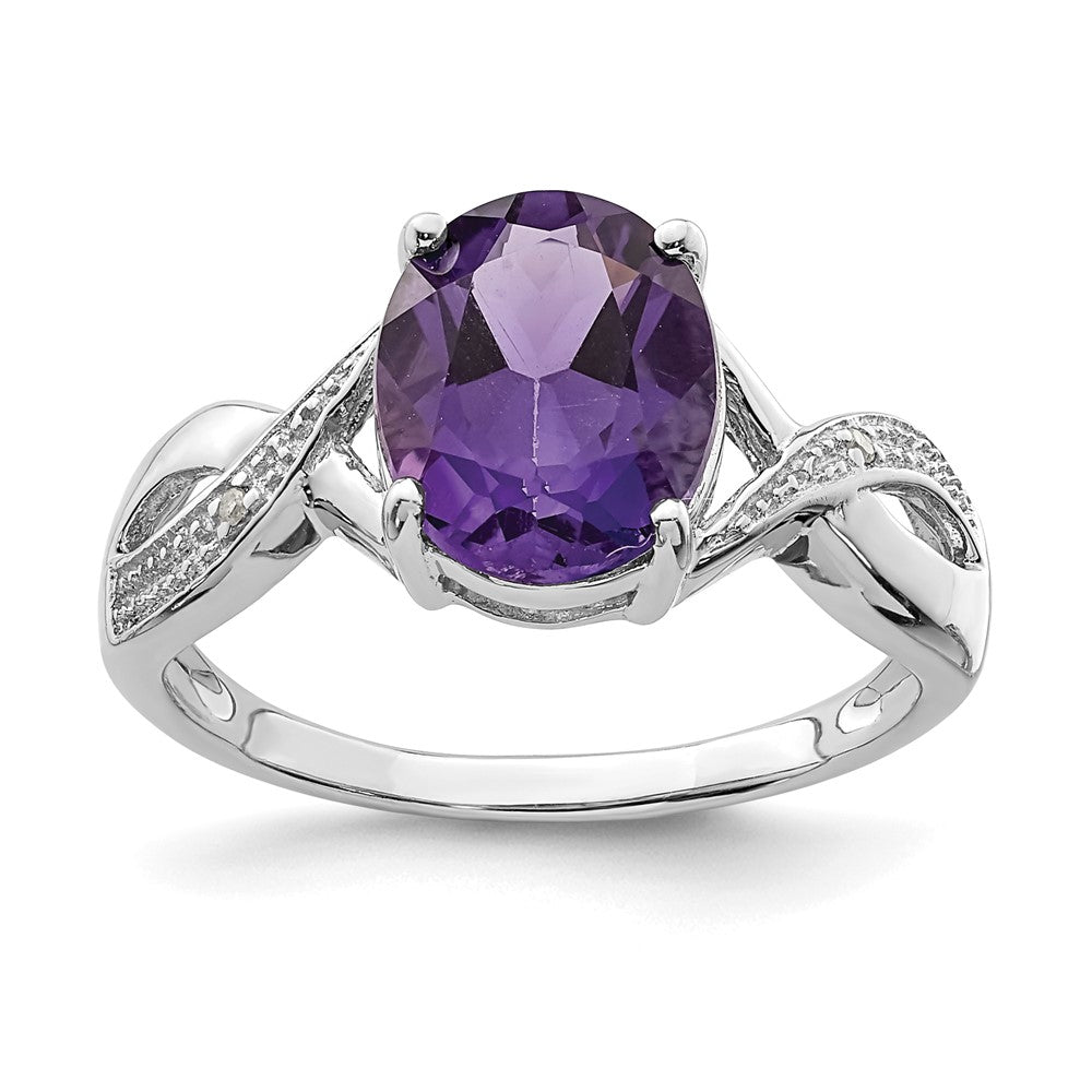 Sterling Silver Rhodium Amethyst & Diamond Ring - 9