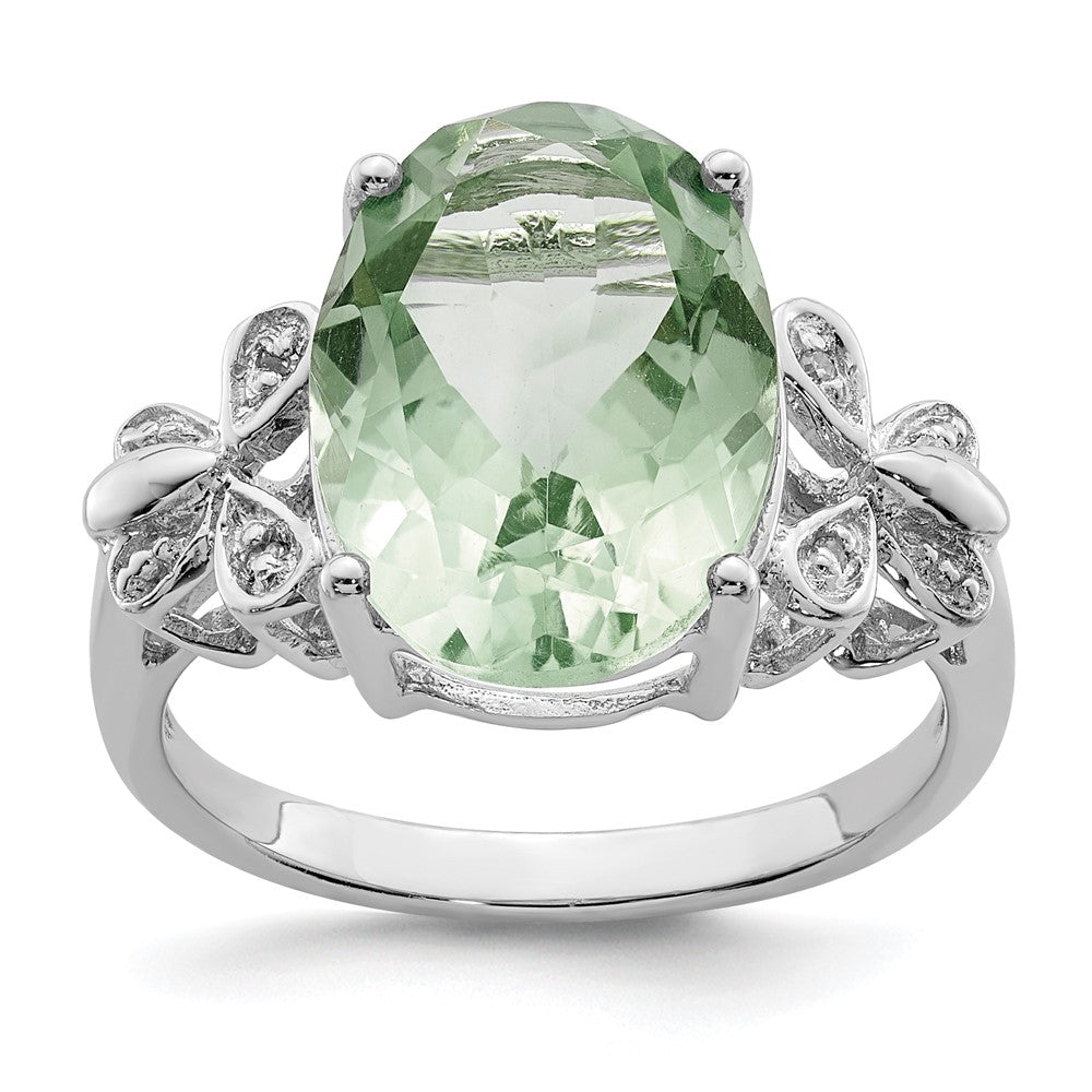 Sterling Silver Rhodium Green Quartz & Diamond Ring - 4