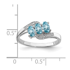 Sterling Silver Rhodium 3 Stone Light Swiss Blue Topaz & Diamond Ring - 2