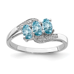 Sterling Silver Rhodium 3 Stone Light Swiss Blue Topaz & Diamond Ring - 2