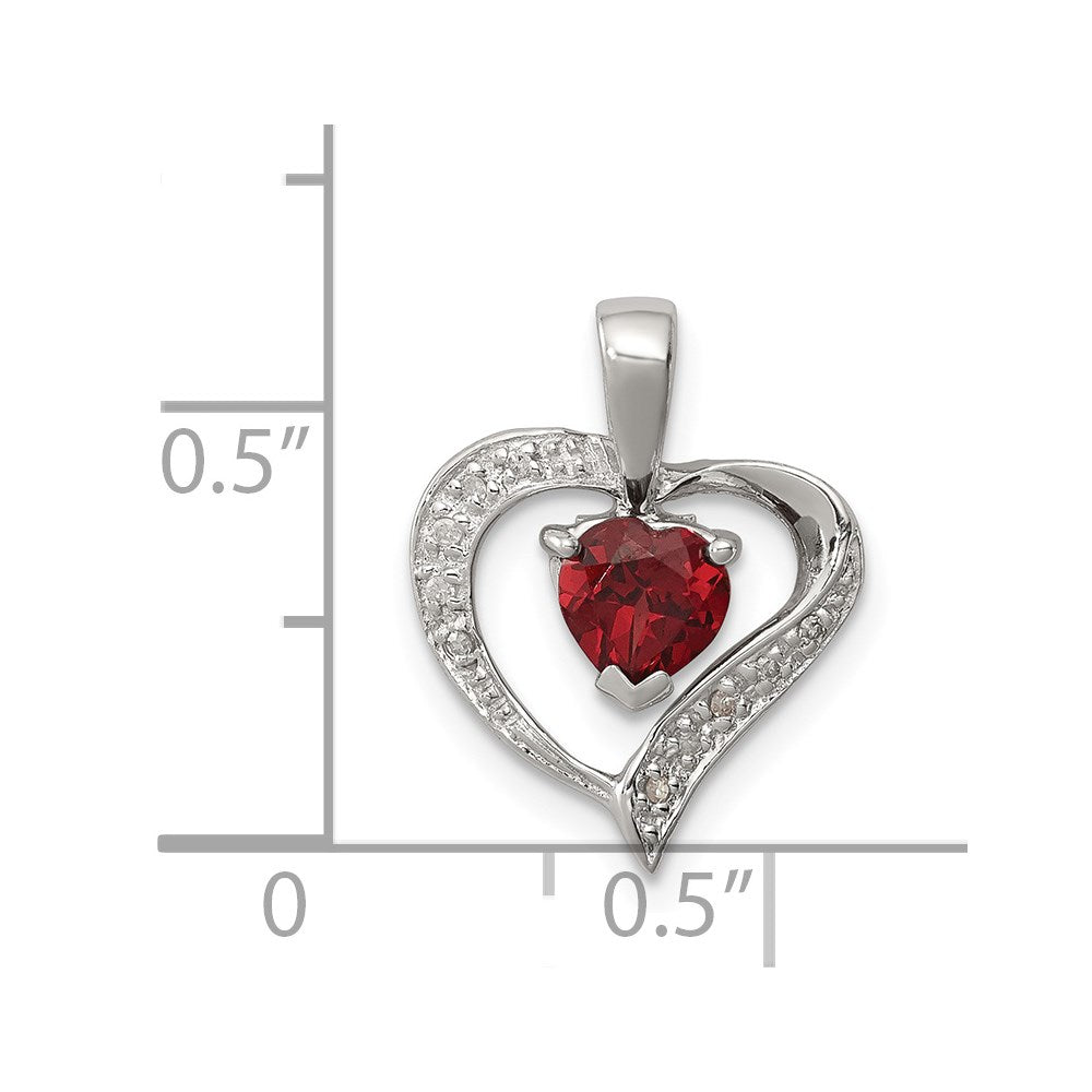 Sterling Silver Rhodium Heart Garnet & Diamond Heart Pendant