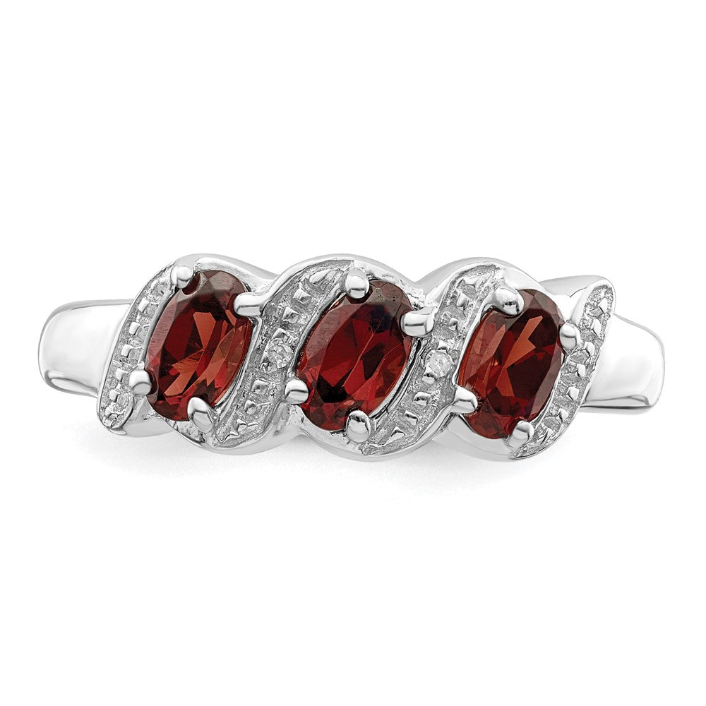 Sterling Silver Rhodium-plated 3 Stone Garnet & Diamond Ring - 8