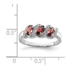 Sterling Silver Rhodium-plated 3 Stone Garnet & Diamond Ring - 8