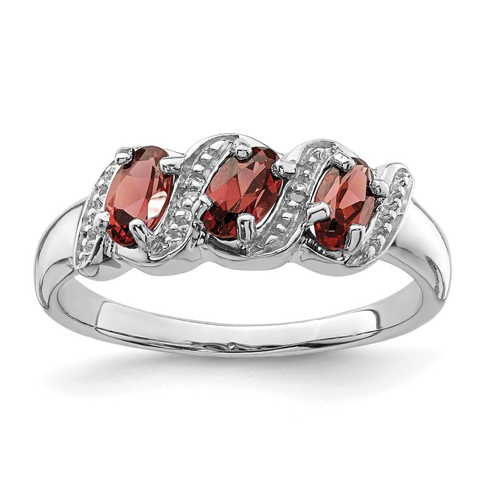 Sterling Silver Rhodium-plated 3 Stone Garnet & Diamond Ring - 5