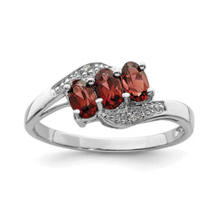 Sterling Silver Rhodium-plated 3 Stone Garnet & Diamond Ring - 6