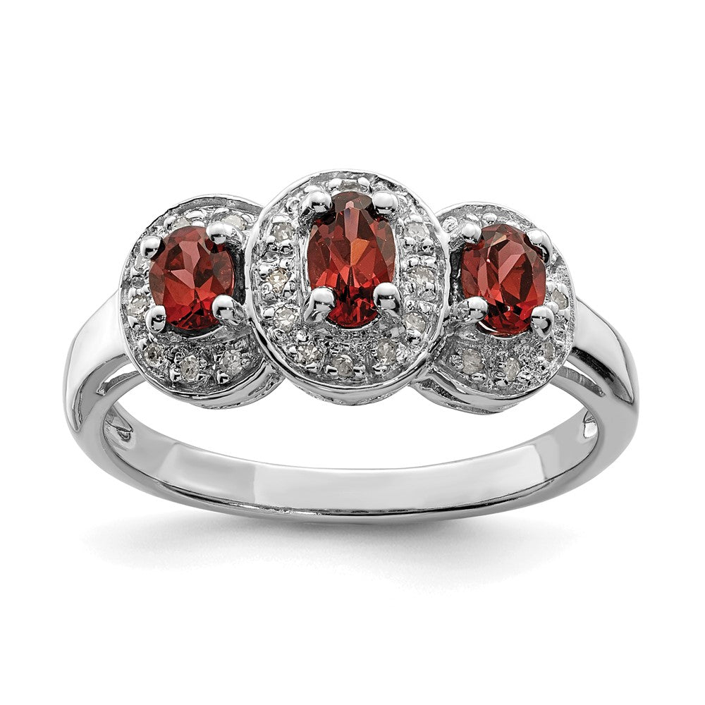 Sterling Silver Rhodium-plated 3 Stone Garnet & Diamond Ring - 4