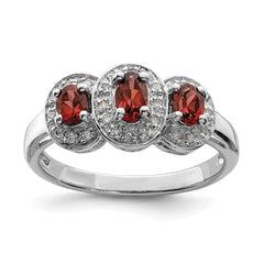 Sterling Silver Rhodium-plated 3 Stone Garnet & Diamond Ring - 4