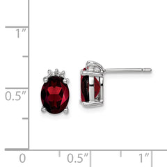 Sterling Silver Rhodium Plated Oval Garnet and Diamond Post Earrings