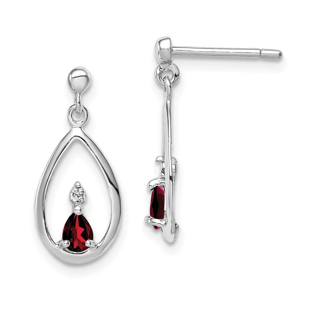 Sterling Silver Rhodium Plated Garnet and Diamond Post Earrings - 3