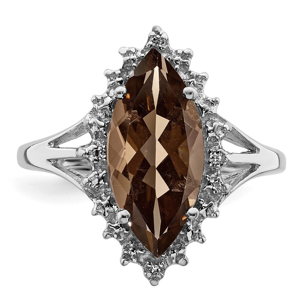 Sterling Silver Rhodium Smoky Quartz Diamond Ring - 6