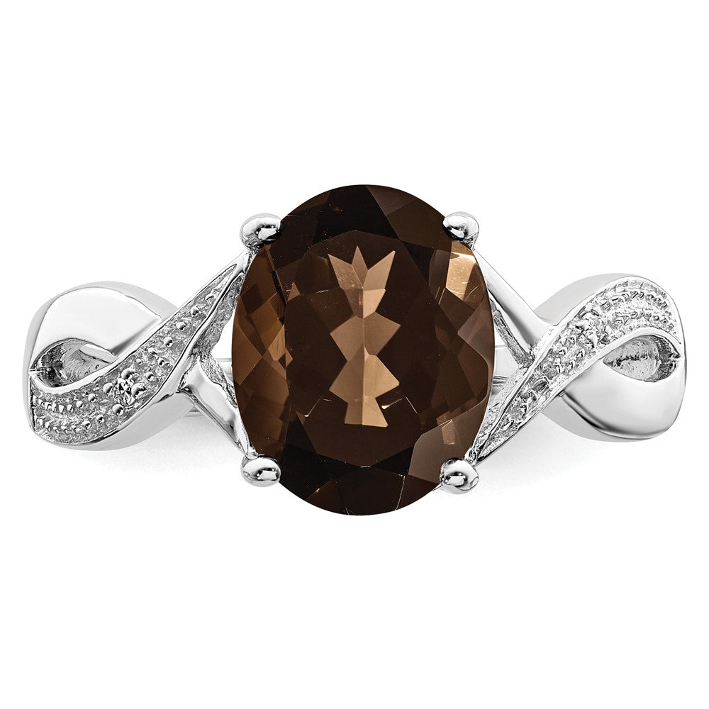 Sterling Silver Rhodium Smoky Quartz & Diamond Ring - 7