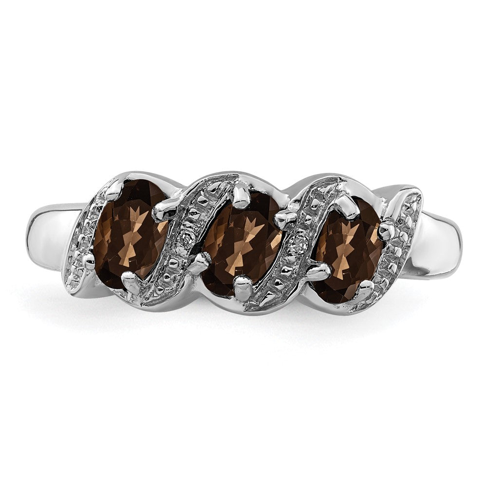 Sterling Silver Rhodium 3 Stone Smoky Quartz & Diamond Ring - 5