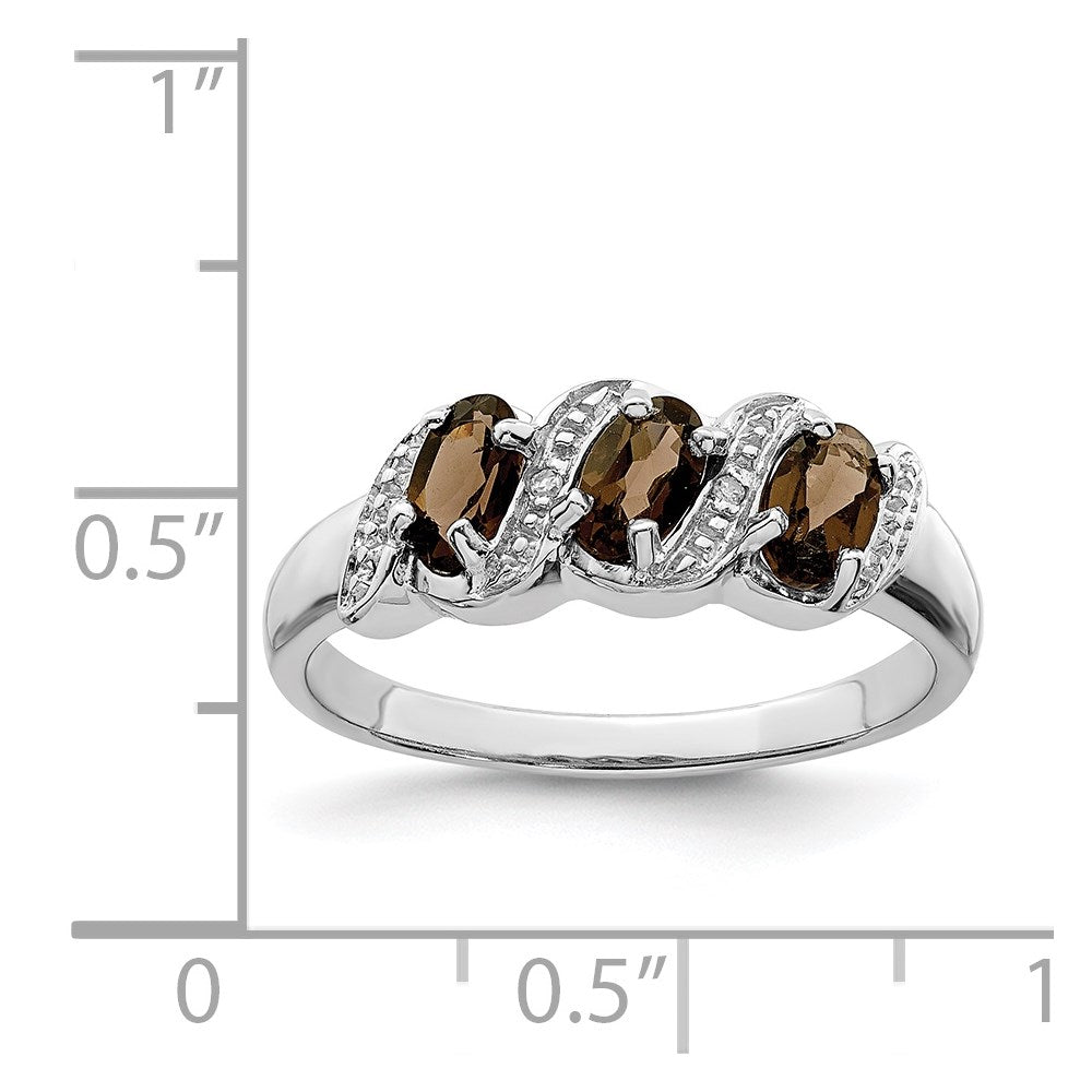 Sterling Silver Rhodium 3 Stone Smoky Quartz & Diamond Ring - 5