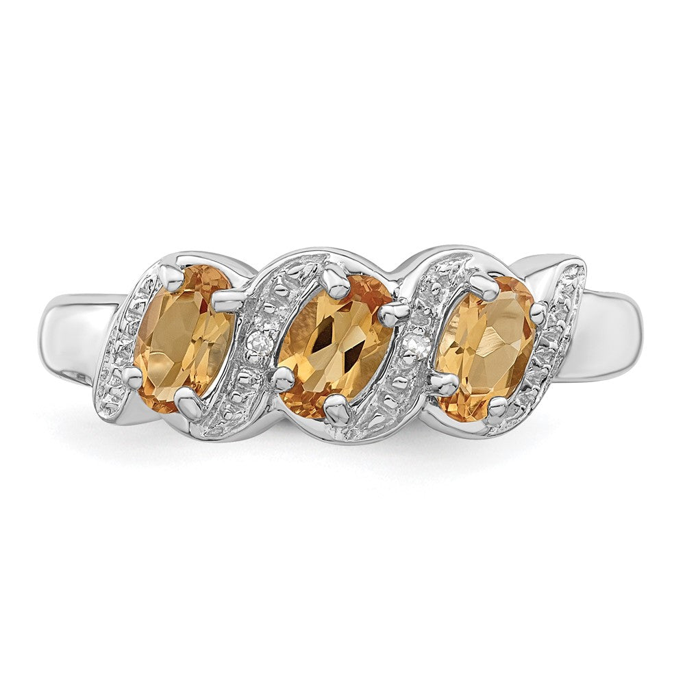 Sterling Silver Rhodium 3 Stone Citrine & Diamond Ring - 6