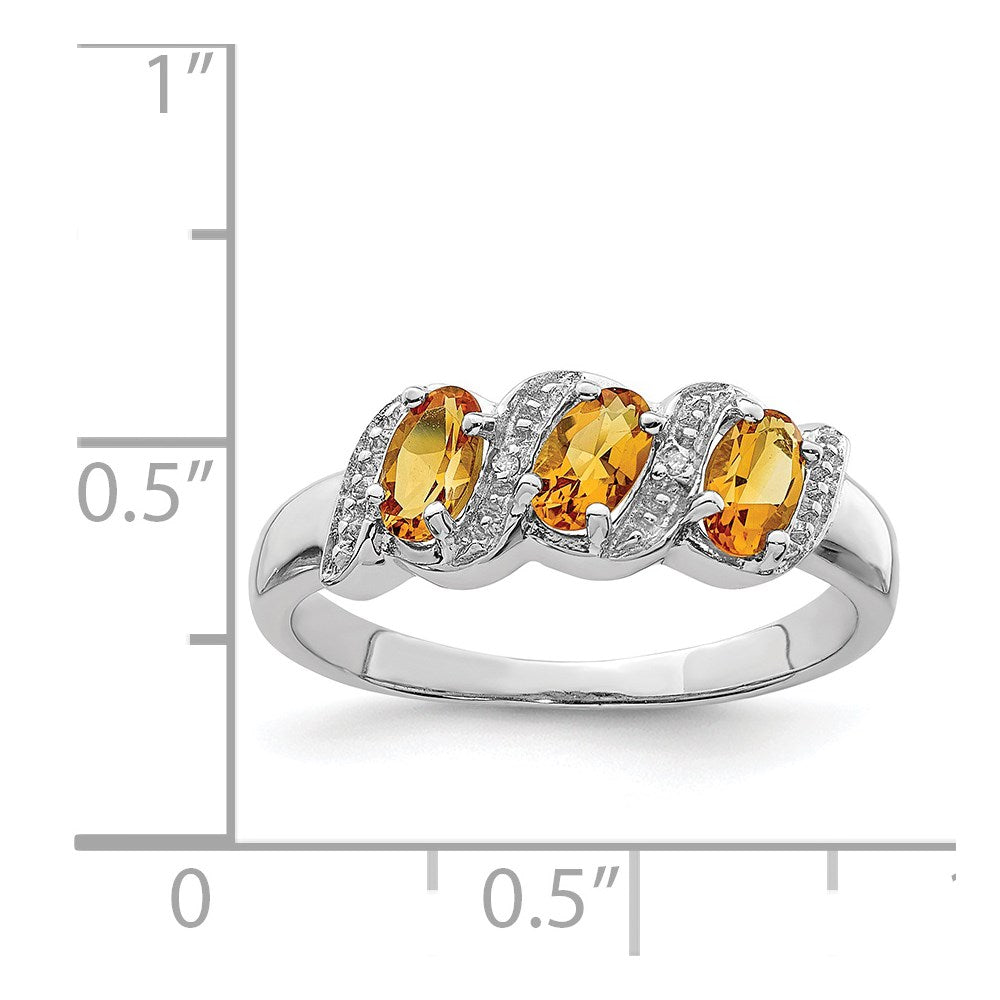 Sterling Silver Rhodium 3 Stone Citrine & Diamond Ring - 6