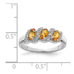 Sterling Silver Rhodium 3 Stone Citrine & Diamond Ring - 6