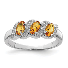 Sterling Silver Rhodium 3 Stone Citrine & Diamond Ring - 6