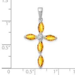 Sterling Silver Rhodium Citrine & Diamond Cross Pendant