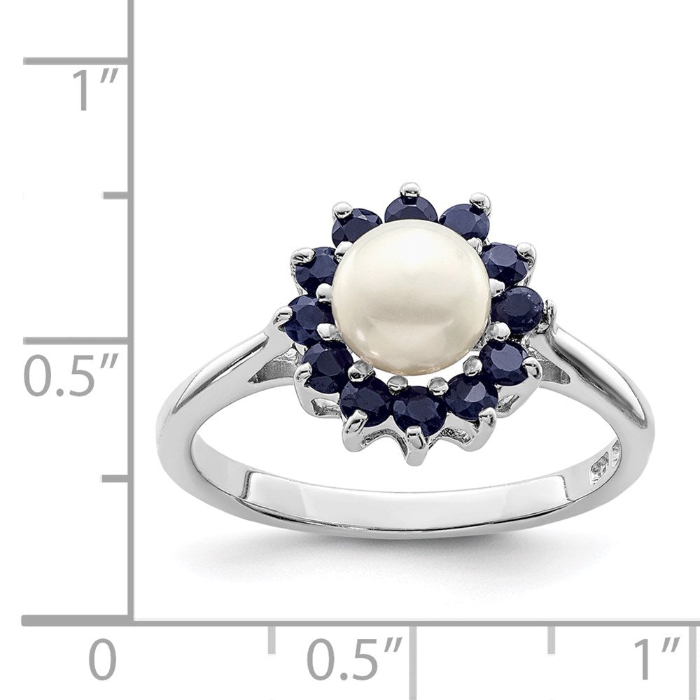 Sterling Silver Rhod 6mm FW Cultured Button Pearl & Sapphire Ring