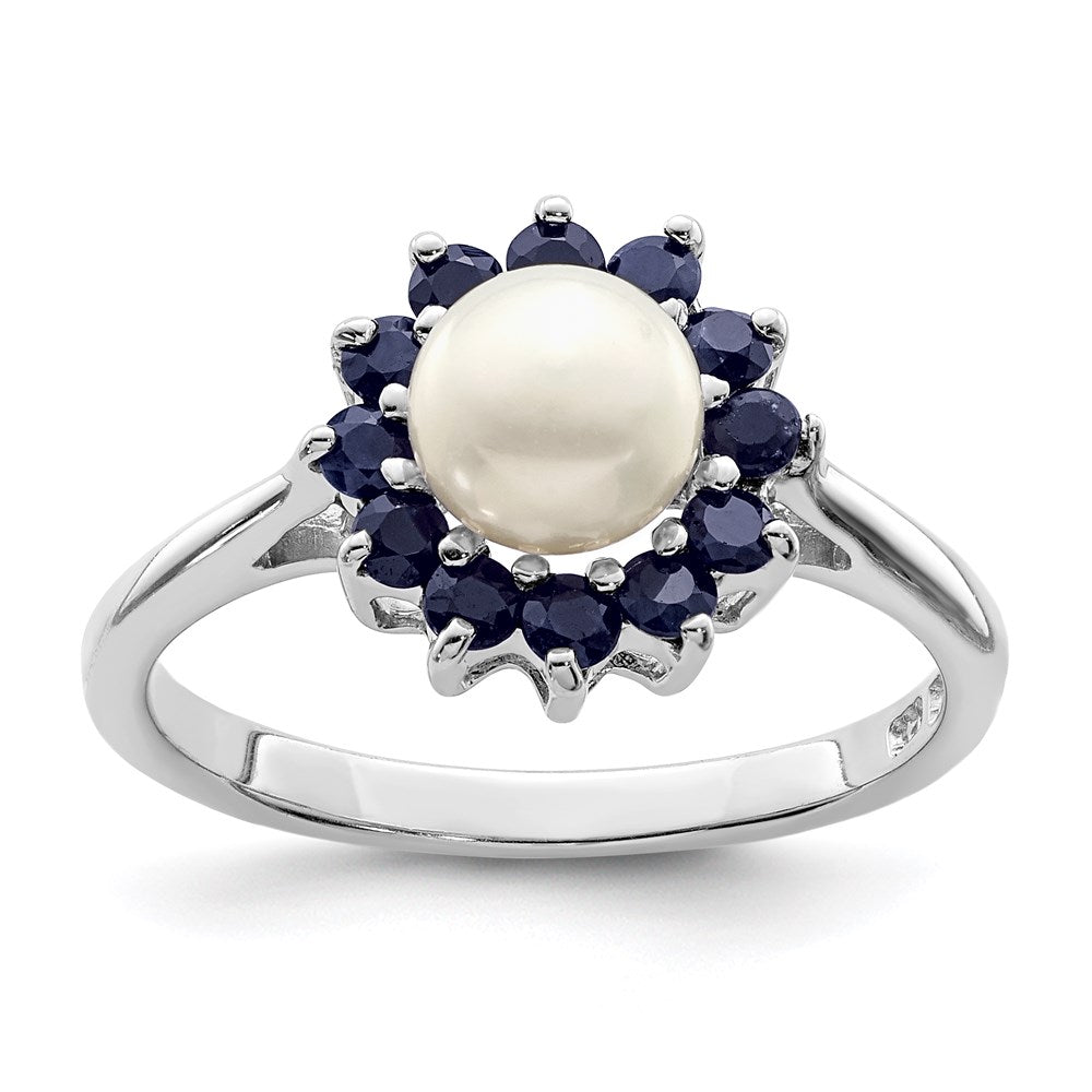 Sterling Silver Rhod 6mm FW Cultured Button Pearl & Sapphire Ring - 2