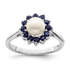 Sterling Silver Rhod 6mm FW Cultured Button Pearl & Sapphire Ring - 2