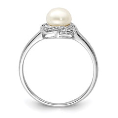 Sterling Silver Rhodium 6mm FW Cultured Button Pearl & Diamond Ring - 5
