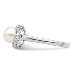 Sterling Silver Rhodium 6mm FW Cultured Button Pearl & Diamond Ring - 5